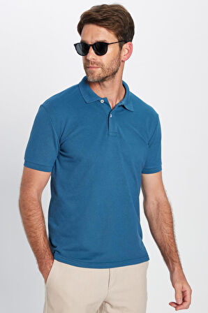 Erkek Slim Fit Dar Kesim Pamuklu Yumuşak Dokulu Serin Tutan Kumaş Düz Pike Petrol Polo Yaka Tişört