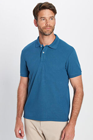 Erkek Slim Fit Dar Kesim Pamuklu Yumuşak Dokulu Serin Tutan Kumaş Düz Pike Petrol Polo Yaka Tişört