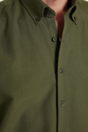 Regular Fit Düğmeli Yaka Pamuklu Kolay Ütü Oxford Düz Erkek Haki Gömlek