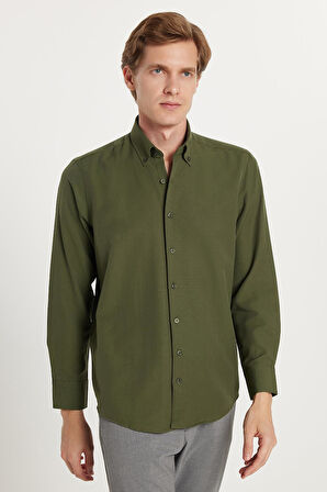 Regular Fit Düğmeli Yaka Pamuklu Kolay Ütü Oxford Düz Erkek Haki Gömlek
