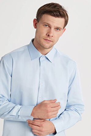 Erkek Regular Fit Klasik Kesim Pamuklu Düz Mavi Gömlek