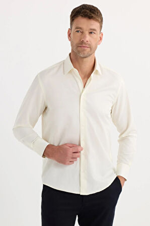 Erkek Regular Fit Klasik Kesim Pamuklu Düz Ekru Gömlek