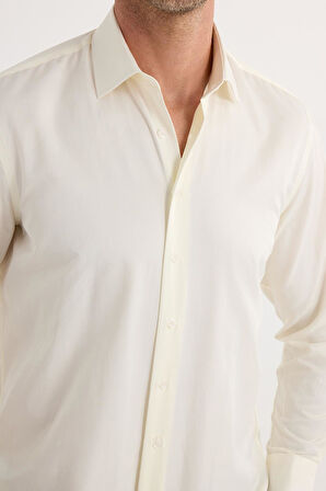 Erkek Regular Fit Klasik Kesim Pamuklu Düz Ekru Gömlek