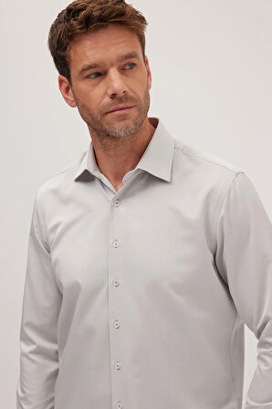 Erkek Regular Fit Klasik Kesim Pamuklu Düz Açık Gri Gömlek