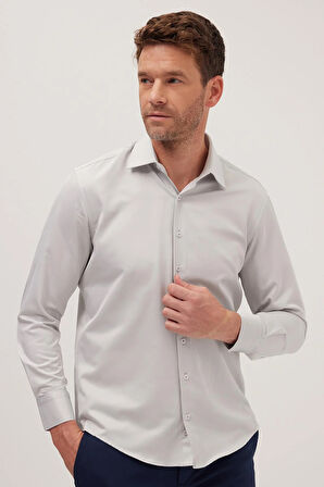 Erkek Regular Fit Klasik Kesim Pamuklu Düz Açık Gri Gömlek