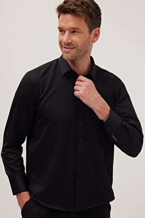 Erkek Regular Fit Klasik Kesim Pamuklu Düz Siyah Gömlek