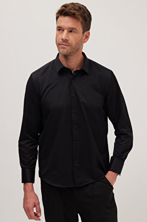 Erkek Regular Fit Klasik Kesim Pamuklu Düz Siyah Gömlek