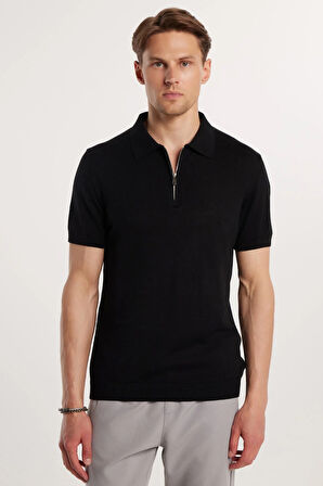 Erkek Slim Fit Dar Kesim Pamuklu Örme Triko Fermuarlı Siyah Polo Yaka Tişört