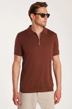 Erkek Slim Fit Dar Kesim Pamuklu Örme Triko Fermuarlı Kahverengi Polo Yaka Tişört