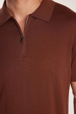 Erkek Slim Fit Dar Kesim Pamuklu Örme Triko Fermuarlı Kahverengi Polo Yaka Tişört