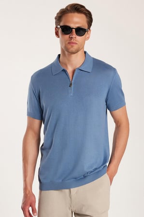 Erkek Slim Fit Dar Kesim Pamuklu Örme Triko Fermuarlı İndigo Polo Yaka Tişört