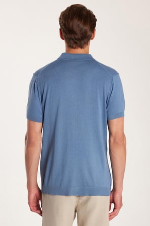 Erkek Slim Fit Dar Kesim Pamuklu Örme Triko Fermuarlı İndigo Polo Yaka Tişört