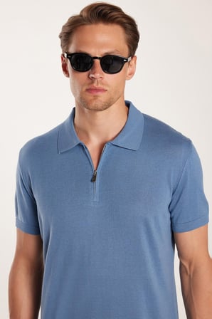 Erkek Slim Fit Dar Kesim Pamuklu Örme Triko Fermuarlı İndigo Polo Yaka Tişört