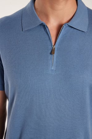 Erkek Slim Fit Dar Kesim Pamuklu Örme Triko Fermuarlı İndigo Polo Yaka Tişört
