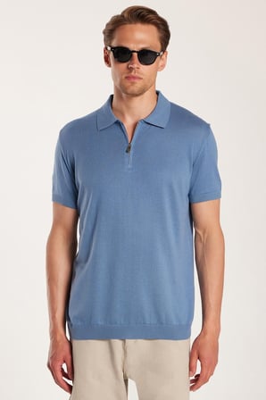 Erkek Slim Fit Dar Kesim Pamuklu Örme Triko Fermuarlı İndigo Polo Yaka Tişört