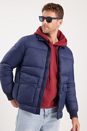 Erkek Regular Fit Klasik Kesim Çift Cepli Lastikli Dik Yaka Lacivert Mont