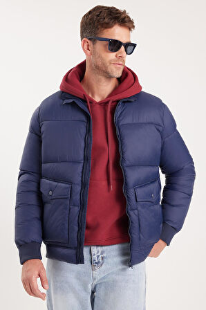 Erkek Regular Fit Klasik Kesim Çift Cepli Lastikli Dik Yaka Lacivert Mont