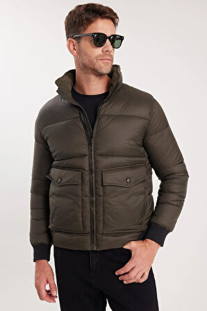 Erkek Regular Fit Klasik Kesim Çift Cepli Lastikli Dik Yaka Haki Mont