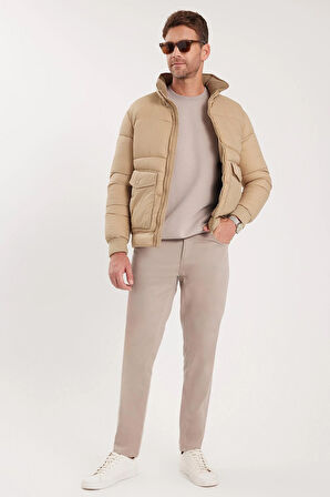 Erkek Regular Fit Klasik Kesim Çift Cepli Lastikli Dik Yaka Kum Rengi Mont