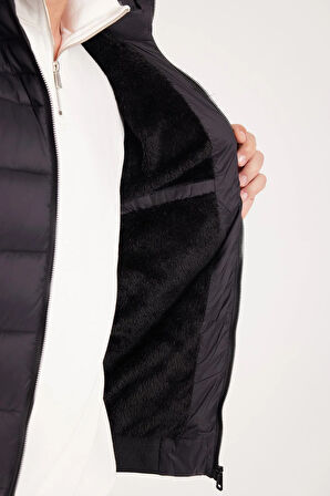 Erkek Relax Fit Rahat Kesim Çift Cepli Kapüşonlu İçi Kürklü Siyah Mont