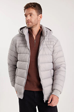 Erkek Relax Fit Rahat Kesim Çift Cepli Kapüşonlu İçi Kürklü Gri Mont