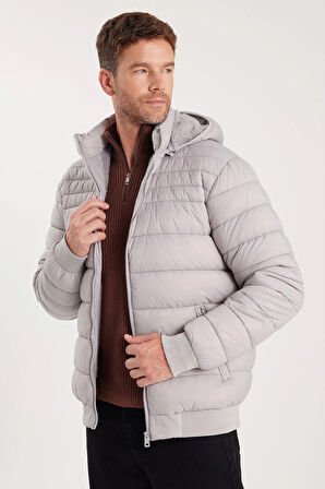 Erkek Relax Fit Rahat Kesim Çift Cepli Kapüşonlu İçi Kürklü Gri Mont