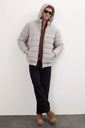Erkek Relax Fit Rahat Kesim Çift Cepli Kapüşonlu İçi Kürklü Gri Mont