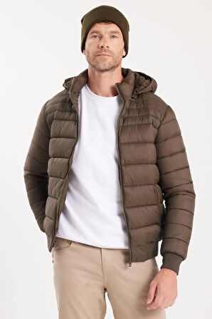 Erkek Relax Fit Rahat Kesim Çift Cepli Kapüşonlu İçi Kürklü Haki Mont