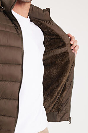 Erkek Relax Fit Rahat Kesim Çift Cepli Kapüşonlu İçi Kürklü Haki Mont