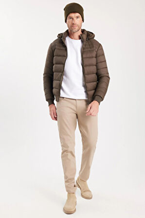 Erkek Relax Fit Rahat Kesim Çift Cepli Kapüşonlu İçi Kürklü Haki Mont