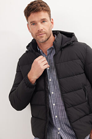 Erkek Relax Fit Rahat Kesim Çift Cepli Çıkarılabilir Kapüşonlu Siyah Şişme Mont