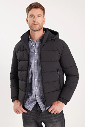 Erkek Relax Fit Rahat Kesim Çift Cepli Çıkarılabilir Kapüşonlu Siyah Şişme Mont