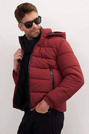 Erkek Relax Fit Rahat Kesim Çift Cepli Çıkarılabilir Kapüşonlu Bordo Şişme Mont