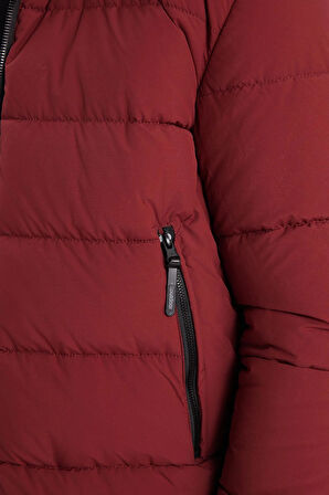 Erkek Relax Fit Rahat Kesim Çift Cepli Çıkarılabilir Kapüşonlu Bordo Şişme Mont