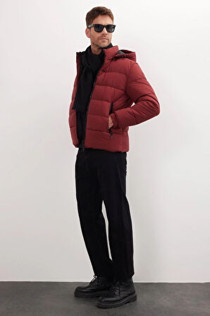 Erkek Relax Fit Rahat Kesim Çift Cepli Çıkarılabilir Kapüşonlu Bordo Şişme Mont