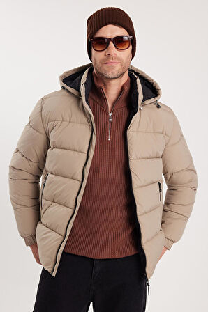 Erkek Relax Fit Rahat Kesim Çift Cepli Çıkarılabilir Kapüşonlu Kum Rengi Şişme Mont