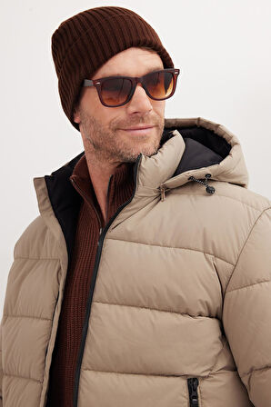 Erkek Relax Fit Rahat Kesim Çift Cepli Çıkarılabilir Kapüşonlu Kum Rengi Şişme Mont