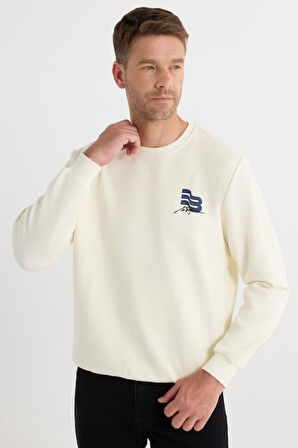 Unisex Relax Fit Rahat Kesim Pamuklu Yumuşak Dokulu Bisklet Yaka İç Polarlı Baskılı Ekru Sweatshirt