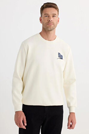 Unisex Relax Fit Rahat Kesim Pamuklu Yumuşak Dokulu Bisklet Yaka İç Polarlı Baskılı Ekru Sweatshirt