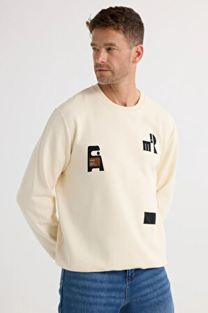 Erkek Relax Fit Rahat Kesim Pamuklu Lastikli Kol Bisiklet Yaka Baskılı Ekru Sweatshirt