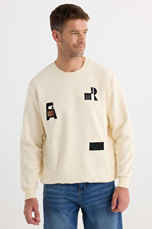 Erkek Relax Fit Rahat Kesim Pamuklu Lastikli Kol Bisiklet Yaka Baskılı Ekru Sweatshirt