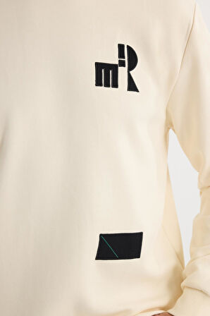 Erkek Relax Fit Rahat Kesim Pamuklu Lastikli Kol Bisiklet Yaka Baskılı Ekru Sweatshirt