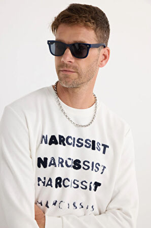 Unisex Oversize Geniş Kesim Pamuklu Yumuşak Dokulu Bisiklet Yaka İçi Polarlı Baskılı Ekru Sweatshirt