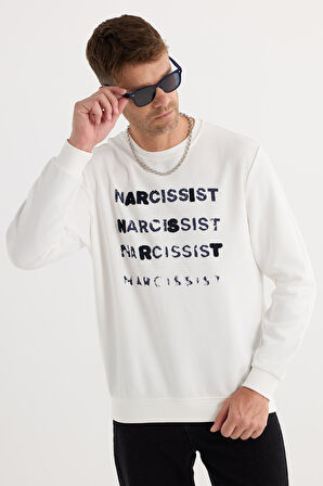 Unisex Oversize Geniş Kesim Pamuklu Yumuşak Dokulu Bisiklet Yaka İçi Polarlı Baskılı Ekru Sweatshirt