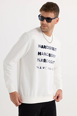 Unisex Oversize Geniş Kesim Pamuklu Yumuşak Dokulu Bisiklet Yaka İçi Polarlı Baskılı Ekru Sweatshirt