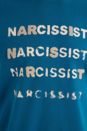 Unisex Oversize Pamuklu Yumuşak Dokulu Bisiklet Yaka İçi Polarlı Baskılı Turkuaz Sweatshirt​​​​​​​