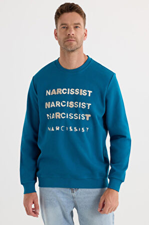 Unisex Oversize Pamuklu Yumuşak Dokulu Bisiklet Yaka İçi Polarlı Baskılı Turkuaz Sweatshirt​​​​​​​