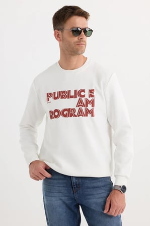 Unisex Oversize Geniş Kesim Pamuklu Yumuşak Dokulu İçi Polarlı Baskılı Beyaz Sweatshirt