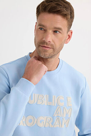 Unisex Oversize Geniş Kesim Pamuklu Yumuşak Dokulu İçi Polarlı Baskılı Mavi Sweatshirt