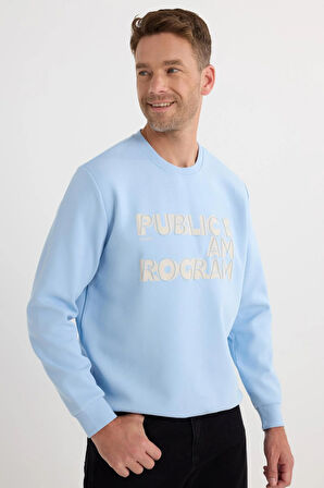 Unisex Oversize Geniş Kesim Pamuklu Yumuşak Dokulu İçi Polarlı Baskılı Mavi Sweatshirt